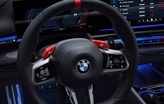 Close-up view of BMW M5 Touring steering wheel. | BMW of Allentown in Allentown PA
